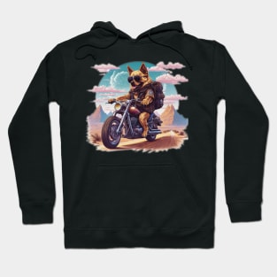 Dog with sunglasses riding a motorcycle in the desert Hoodie